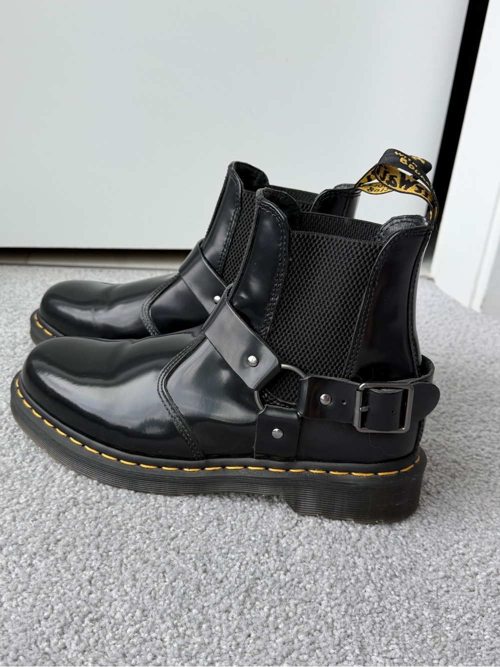 Dr. Martens Black Leather Harness Lace-Up Boots with Yellow Stitching